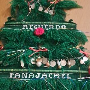 Green Panajachel, Guatemala Christmas tree Textile wall hanging Coins handmade